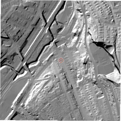 Shaded relief map of the ground around S80PJ, computed from Environment Agency LiDAR. The ground here sits at about 90 m above sea level and falls 85 m across the surrounding 800 m. Surface water reaching this point runs off ground lying to the south, 37.5 m higher.