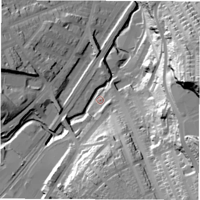 Shaded relief map of the ground around S80SU, computed from Environment Agency LiDAR. The ground here sits at about 84 m above sea level and falls 72 m across the surrounding 800 m. Surface water reaching this point runs off ground lying to the south, 43.5 m higher.