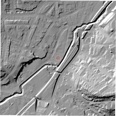 Shaded relief map of the ground around S80TZ, computed from Environment Agency LiDAR. The ground here sits at about 70 m above sea level and falls 45 m across the surrounding 800 m. Surface water reaching this point runs off ground lying to the south-south-east, 0.8 m higher.