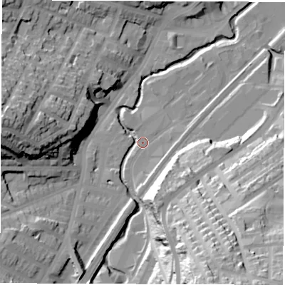 Shaded relief map of the ground around S80UF, computed from Environment Agency LiDAR. The ground here sits at about 79 m above sea level and falls 68 m across the surrounding 800 m. Surface water reaching this point runs off ground lying to the south-south-east, 60.5 m higher.