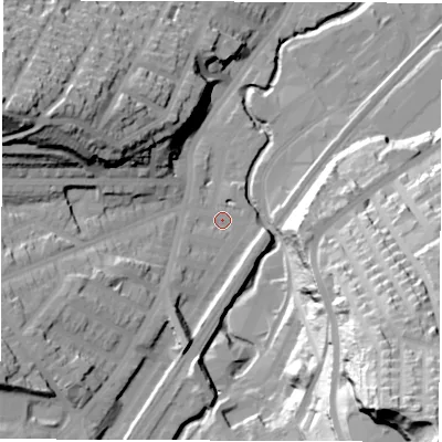 Shaded relief map of the ground around S80UQ, computed from Environment Agency LiDAR. The ground here sits at about 80 m above sea level and falls 82 m across the surrounding 800 m. Surface water reaching this point runs off ground lying to the south-west, 3.6 m higher.
