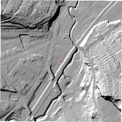 Shaded relief map of the ground around S80UR, computed from Environment Agency LiDAR. The ground here sits at about 80 m above sea level and falls 82 m across the surrounding 800 m. Surface water reaching this point runs off ground lying to the west-south-west, 23.1 m higher.