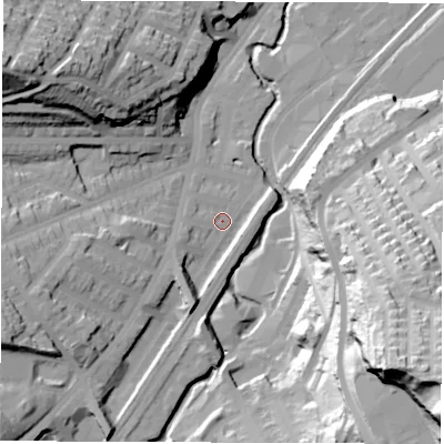 Shaded relief map of the ground around S80US, computed from Environment Agency LiDAR. The ground here sits at about 80 m above sea level and falls 83 m across the surrounding 800 m. Surface water reaching this point runs off ground lying to the south-south-west, 8.9 m higher.