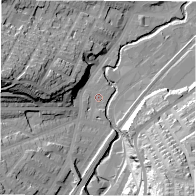Shaded relief map of the ground around S80UT, computed from Environment Agency LiDAR. The ground here sits at about 78 m above sea level and falls 71 m across the surrounding 800 m. Surface water reaching this point runs off ground lying to the south-south-west, 3.2 m higher.