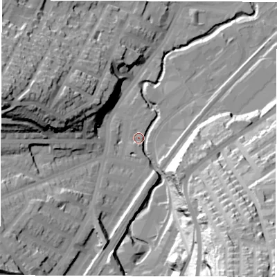Shaded relief map of the ground around S80UU, computed from Environment Agency LiDAR. The ground here sits at about 78 m above sea level and falls 76 m across the surrounding 800 m. Surface water reaching this point runs off ground lying to the south-east, 62.9 m higher.