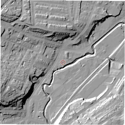 Shaded relief map of the ground around S80XA, computed from Environment Agency LiDAR. The ground here sits at about 76 m above sea level and falls 42 m across the surrounding 800 m. Surface water reaching this point runs off ground lying to the west-south-west, 1.7 m higher.