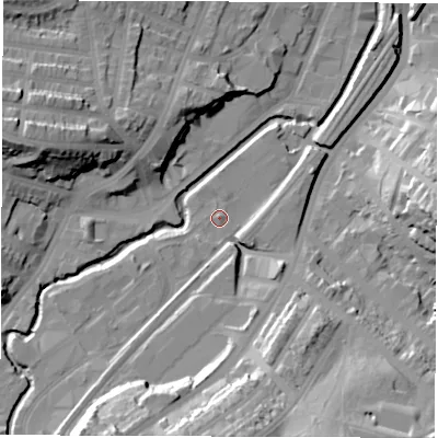 Shaded relief map of the ground around S80XF, computed from Environment Agency LiDAR. The ground here sits at about 74 m above sea level and falls 37 m across the surrounding 800 m. Surface water reaching this point runs off ground lying to the south-west, 7.8 m higher.