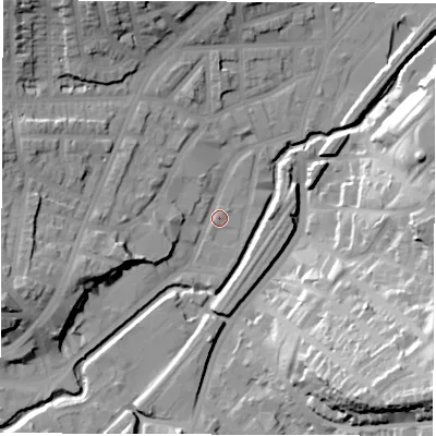Shaded relief map of the ground around S80XH, computed from Environment Agency LiDAR. The ground here sits at about 70 m above sea level and falls 45 m across the surrounding 800 m. Surface water reaching this point runs off ground lying to the south-south-east, 27.2 m higher.