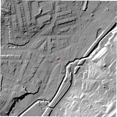 Shaded relief map of the ground around S80XJ, computed from Environment Agency LiDAR. The ground here sits at about 70 m above sea level and falls 41 m across the surrounding 800 m. Surface water reaching this point runs off ground lying to the west-north-west, 1.8 m higher.
