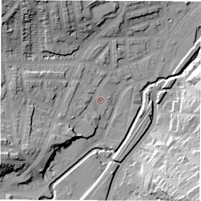 Shaded relief map of the ground around S80XL, computed from Environment Agency LiDAR. The ground here sits at about 71 m above sea level and falls 41 m across the surrounding 800 m. Surface water reaching this point runs off ground lying to the west-south-west, 5.7 m higher.