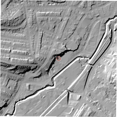 Shaded relief map of the ground around S80XQ, computed from Environment Agency LiDAR. The ground here sits at about 71 m above sea level and falls 31 m across the surrounding 800 m. Surface water reaching this point runs off ground lying to the west, 10.9 m higher.