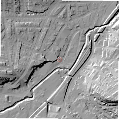 Shaded relief map of the ground around S80XT, computed from Environment Agency LiDAR. The ground here sits at about 70 m above sea level and falls 41 m across the surrounding 800 m. Surface water reaching this point runs off ground lying to the south-east, 36.7 m higher.