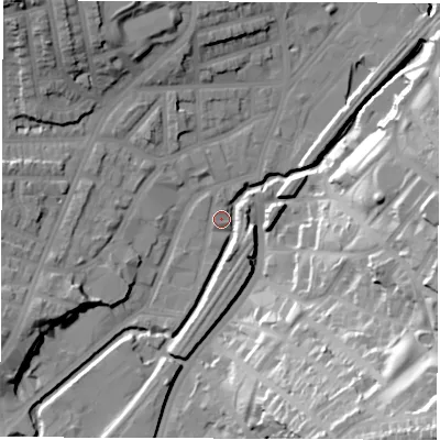 Shaded relief map of the ground around S80XZ, computed from Environment Agency LiDAR. The ground here sits at about 68 m above sea level and falls 51 m across the surrounding 800 m. Surface water reaching this point runs off ground lying to the south-west, 1.7 m higher.