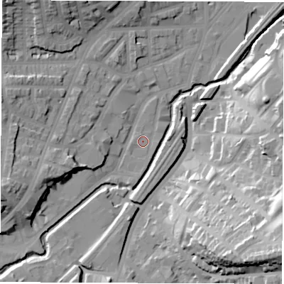 Shaded relief map of the ground around S80YA, computed from Environment Agency LiDAR. The ground here sits at about 70 m above sea level and falls 46 m across the surrounding 800 m. Surface water reaching this point runs off ground lying to the south, 1.0 m higher.