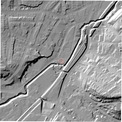 Shaded relief map of the ground around S80YD, computed from Environment Agency LiDAR. The ground here sits at about 70 m above sea level and falls 43 m across the surrounding 800 m. Surface water reaching this point runs off ground lying to the east-south-east, 38.3 m higher.