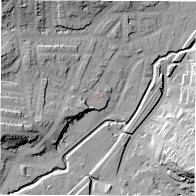 Shaded relief map of the ground around S80YX, computed from Environment Agency LiDAR. The ground here sits at about 74 m above sea level and falls 37 m across the surrounding 800 m. Surface water reaching this point runs off ground lying to the west-south-west, 8.5 m higher.
