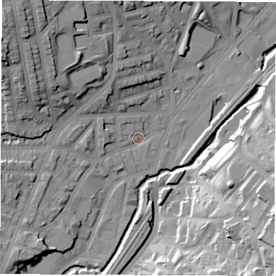 Shaded relief map of the ground around S80ZB, computed from Environment Agency LiDAR. The ground here sits at about 68 m above sea level and falls 39 m across the surrounding 800 m. Surface water reaching this point runs off ground lying to the north-west, 27.7 m higher.