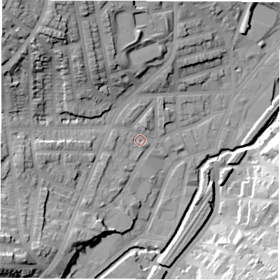 Shaded relief map of the ground around S80ZF, computed from Environment Agency LiDAR. The ground here sits at about 72 m above sea level and falls 37 m across the surrounding 800 m. Surface water reaching this point runs off ground lying to the north-west, 28.2 m higher.