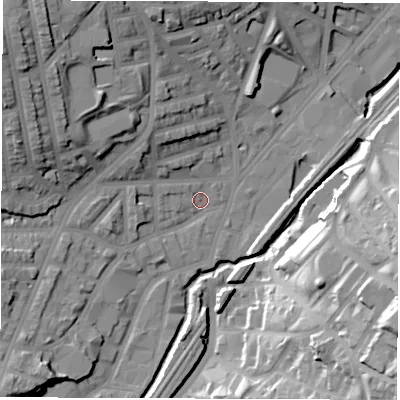 Shaded relief map of the ground around S80ZS, computed from Environment Agency LiDAR. The ground here sits at about 68 m above sea level and falls 43 m across the surrounding 800 m. Surface water reaching this point runs off ground lying to the north-west, 10.4 m higher.