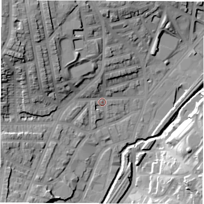 Shaded relief map of the ground around S80ZT, computed from Environment Agency LiDAR. The ground here sits at about 71 m above sea level and falls 34 m across the surrounding 800 m. Surface water reaching this point runs off ground lying to the north, 7.8 m higher.