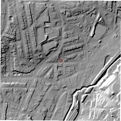 Shaded relief map of the ground around S80ZU, computed from Environment Agency LiDAR. The ground here sits at about 72 m above sea level and falls 35 m across the surrounding 800 m. Surface water reaching this point runs off ground lying to the north, 7.1 m higher.