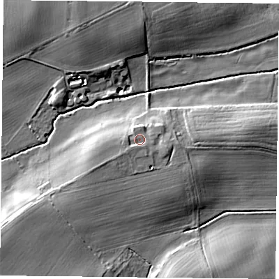 Shaded relief map of the ground around S810TF, computed from Environment Agency LiDAR. The ground here sits at about 22 m above sea level and falls 14 m across the surrounding 800 m. Surface water reaching this point runs off ground lying to the south-west, 1.4 m higher.