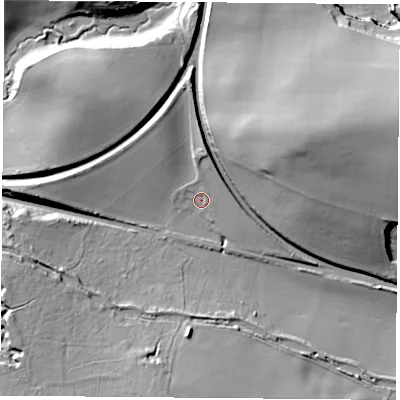 Shaded relief map of the ground around S818BE, computed from Environment Agency LiDAR. The ground here sits at about 65 m above sea level and falls 35 m across the surrounding 800 m. Surface water reaching this point runs off ground lying to the north, 6.7 m higher.