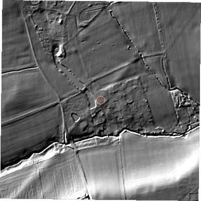 Shaded relief map of the ground around S818DA, computed from Environment Agency LiDAR. The ground here sits at about 40 m above sea level and falls 20 m across the surrounding 800 m. Surface water reaching this point runs off ground lying to the north-west, 8.2 m higher.