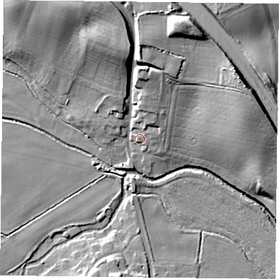 Shaded relief map of the ground around S818HG, computed from Environment Agency LiDAR. The ground here sits at about 14 m above sea level and falls 23 m across the surrounding 800 m. Surface water reaching this point runs off ground lying to the north-north-east, 11.3 m higher.