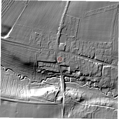 Shaded relief map of the ground around S818HT, computed from Environment Agency LiDAR. The ground here sits at about 33 m above sea level and falls 22 m across the surrounding 800 m. Surface water reaching this point runs off ground lying to the west-north-west, 9.5 m higher.