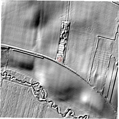 Shaded relief map of the ground around S818JE, computed from Environment Agency LiDAR. The ground here sits at about 24 m above sea level and falls 18 m across the surrounding 800 m. Surface water reaching this point runs off ground lying to the west-north-west, 1.6 m higher.