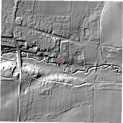Shaded relief map of the ground around S818JG, computed from Environment Agency LiDAR. The ground here sits at about 25 m above sea level and falls 17 m across the surrounding 800 m. Surface water reaching this point runs off ground lying to the north-north-west, 3.9 m higher.