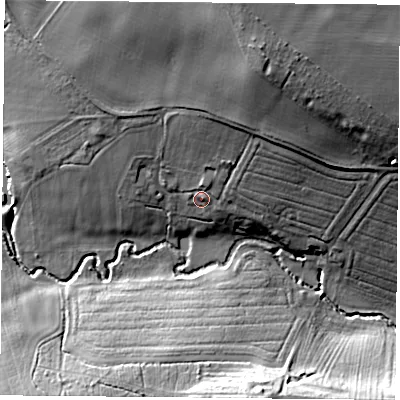 Shaded relief map of the ground around S818JW, computed from Environment Agency LiDAR. The ground here sits at about 36 m above sea level and falls 33 m across the surrounding 800 m. Surface water reaching this point runs off ground lying to the north-north-east, 22.8 m higher.