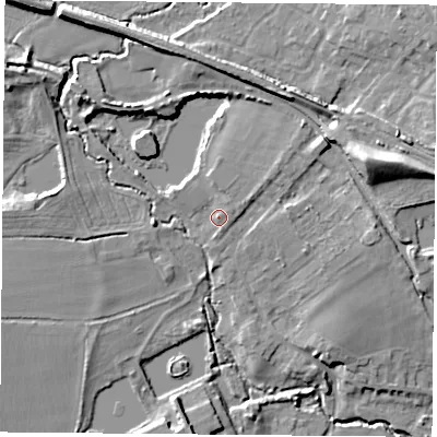 Shaded relief map of the ground around S818LR, computed from Environment Agency LiDAR. The ground here sits at about 48 m above sea level and falls 17 m across the surrounding 800 m. Surface water reaching this point runs off ground lying to the north-east, 3.1 m higher.
