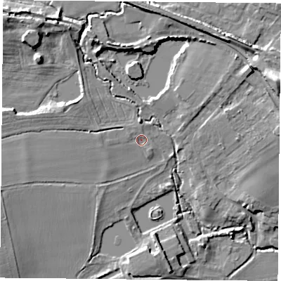 Shaded relief map of the ground around S818LS, computed from Environment Agency LiDAR. The ground here sits at about 47 m above sea level and falls 16 m across the surrounding 800 m. Surface water reaching this point runs off ground lying to the west, 1.6 m higher.
