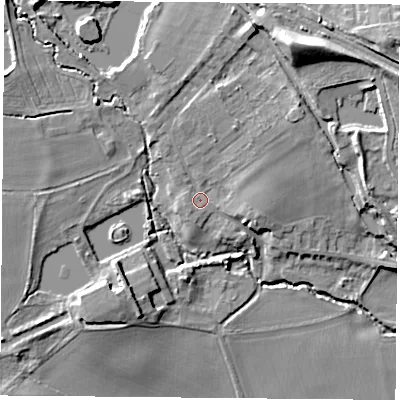 Shaded relief map of the ground around S818LU, computed from Environment Agency LiDAR. The ground here sits at about 46 m above sea level and falls 17 m across the surrounding 800 m. Surface water reaching this point runs off ground lying to the south-west, 1.8 m higher.