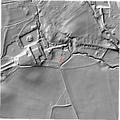 Shaded relief map of the ground around S818LY, computed from Environment Agency LiDAR. The ground here sits at about 45 m above sea level and falls 15 m across the surrounding 800 m. Surface water reaching this point runs off ground lying to the west-north-west, 4.2 m higher.