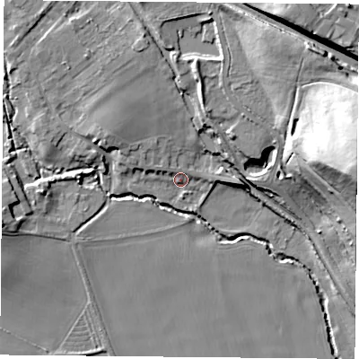 Shaded relief map of the ground around S818NA, computed from Environment Agency LiDAR. The ground here sits at about 44 m above sea level and falls 34 m across the surrounding 800 m. Surface water reaching this point runs off ground lying to the north-north-west, 6.6 m higher.