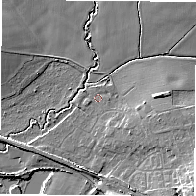 Shaded relief map of the ground around S818NH, computed from Environment Agency LiDAR. The ground here sits at about 50 m above sea level and falls 17 m across the surrounding 800 m. Surface water reaching this point runs off ground lying to the east-south-east, 6.1 m higher.