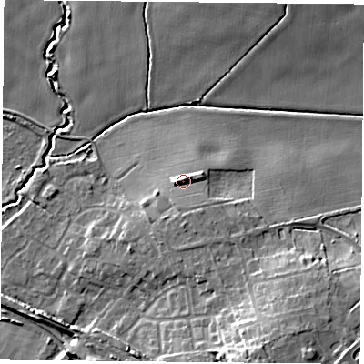 Shaded relief map of the ground around S818WE, computed from Environment Agency LiDAR. The ground here sits at about 58 m above sea level and falls 14 m across the surrounding 800 m. Surface water reaching this point runs off ground lying to the north-north-west, 4.3 m higher.