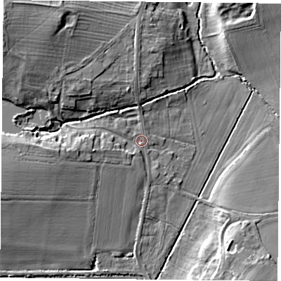 Shaded relief map of the ground around S819EF, computed from Environment Agency LiDAR. The ground here sits at about 27 m above sea level and falls 15 m across the surrounding 800 m. Surface water reaching this point runs off ground lying to the west-north-west, 8.2 m higher.