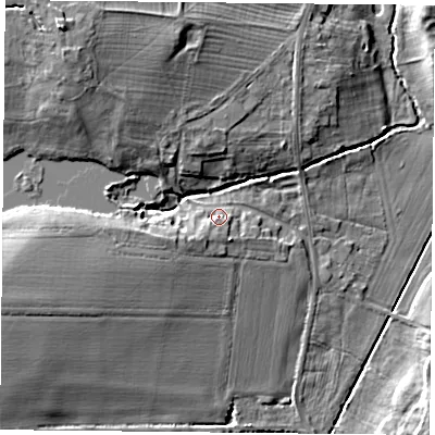 Shaded relief map of the ground around S819EH, computed from Environment Agency LiDAR. The ground here sits at about 30 m above sea level and falls 16 m across the surrounding 800 m. Surface water reaching this point runs off ground lying to the south-west, 3.1 m higher.
