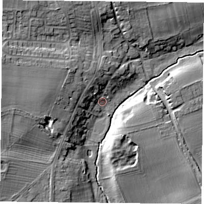 Shaded relief map of the ground around S819EL, computed from Environment Agency LiDAR. The ground here sits at about 23 m above sea level and falls 15 m across the surrounding 800 m. Surface water reaching this point runs off ground lying to the west, 13.0 m higher.