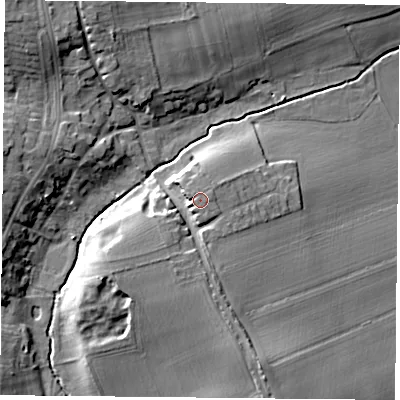 Shaded relief map of the ground around S819ES, computed from Environment Agency LiDAR. The ground here sits at about 28 m above sea level and falls 14 m across the surrounding 800 m. The ground contributing surface water to this point lies to the south-south-east.