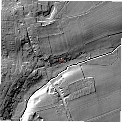 Shaded relief map of the ground around S819EU, computed from Environment Agency LiDAR. The ground here sits at about 23 m above sea level and falls 15 m across the surrounding 800 m. Surface water reaching this point runs off ground lying to the west-north-west, 5.2 m higher.