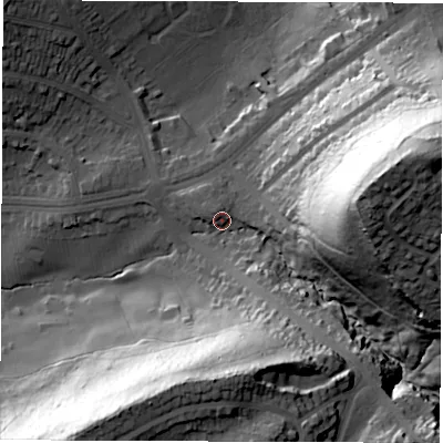 Shaded relief map of the ground around S87BE, computed from Environment Agency LiDAR. The ground here sits at about 133 m above sea level and falls 69 m across the surrounding 800 m. Surface water reaching this point runs off ground lying to the east-north-east, 56.7 m higher.
