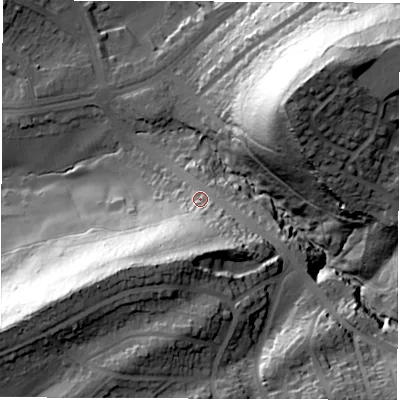 Shaded relief map of the ground around S87BH, computed from Environment Agency LiDAR. The ground here sits at about 143 m above sea level and falls 67 m across the surrounding 800 m. Surface water reaching this point runs off ground lying to the south, 26.5 m higher.