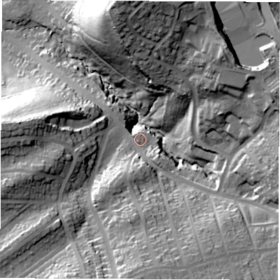 Shaded relief map of the ground around S87TA, computed from Environment Agency LiDAR. The ground here sits at about 155 m above sea level and falls 59 m across the surrounding 800 m. Surface water reaching this point runs off ground lying to the south-south-east, 26.9 m higher.