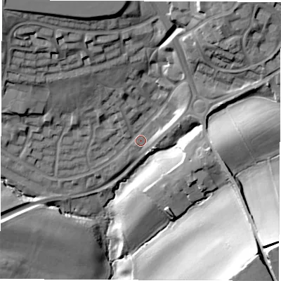 Shaded relief map of the ground around S88FN, computed from Environment Agency LiDAR. The ground here sits at about 157 m above sea level and falls 43 m across the surrounding 800 m. Surface water reaching this point runs off ground lying to the north-west, 19.9 m higher.