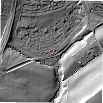 Shaded relief map of the ground around S88FX, computed from Environment Agency LiDAR. The ground here sits at about 154 m above sea level and falls 39 m across the surrounding 800 m. Surface water reaching this point runs off ground lying to the north, 15.9 m higher.